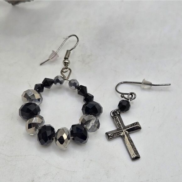 "5/$25" Mismatched Cross Circle Drop Black Crystal Silvertone Dangle Earrings - Picture 3 of 8